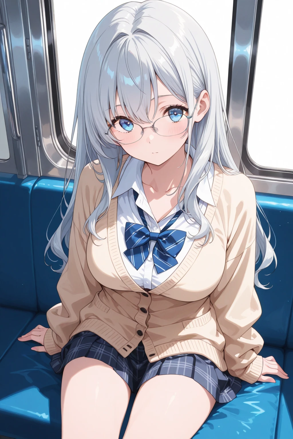 nsfw、BREAK Perfect Anatomy、Highest quality、(cute:1.1)、(cute)、(High resolution:1.2)、Unbelievably absurd:1.3、Incredible illustrations、(cuteイラスト:1.2)、(Beautiful background、Inside a crowded train)(1 girl) 、solo)、(10th Generation、JK)、,(White sailor summer uniform、、White garter stockings、Headphones、Glasses)、、、、Eye highlights、embarrassed、、1girl(beret、Cotton shirt、Check skirt、school bag、Headphones)