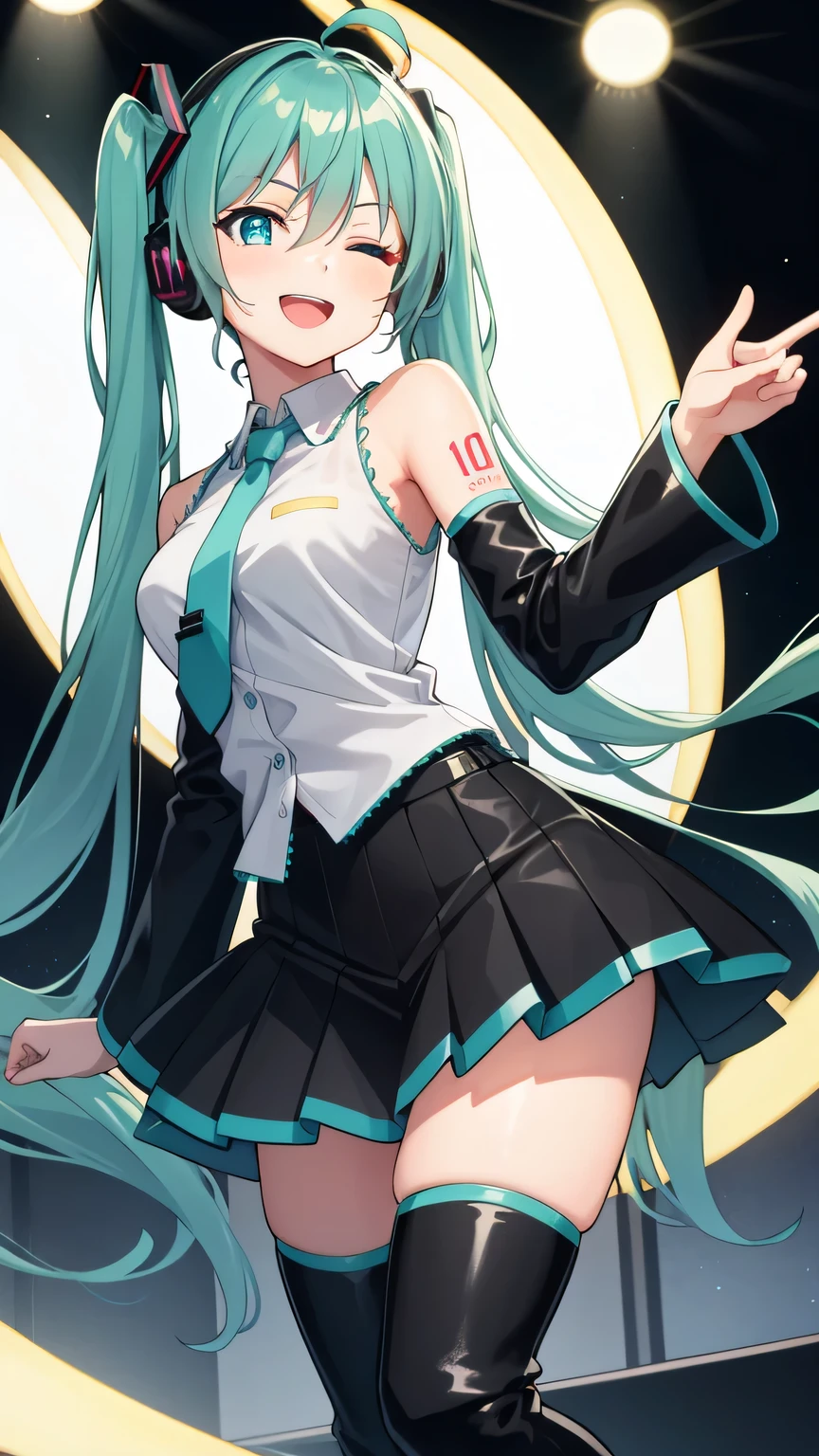 1girll, Smile, (vocaloid), ((Hatsune Miku)), ((blue green hair)), (Short curly hair), looking at viewert, voluminetric lighting, Dynamic pose