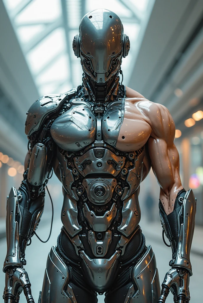 The character stands upright, with the left side of their body being human and the right side being robotic. The human half is realistic, featuring natural skin tones, detailed facial features, and traditional clothing or attire. The robotic half contrasts sharply, displaying metallic surfaces, visible circuitry, and mechanical joints. The transition between the two halves should be seamless but distinct, with the human and robotic parts reflecting their respective characteristics. The background can be a neutral or futuristic setting to emphasize the hybrid nature of the character.in space 