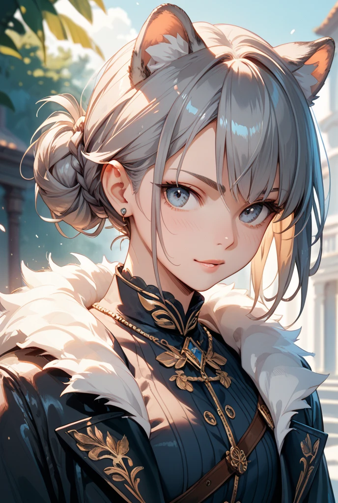 1 Private Wife，alone，long hair，Large Breasts，Golden Eyes，Sexy，Short silver hair，Mature female，widow，(masterpiece: 1.0，(the best_quality: 1.0)，silence，Black Armor，Fantasy World，Calm down，Inside the Palace，In a meeting，Upper body close-up，lipstick，During the sermon，earrings