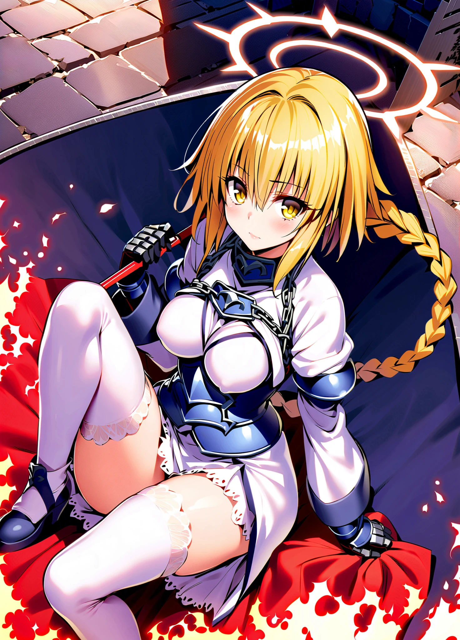 masterpiece, highest quality,BREAK NSFW,1 girl,,,huge breasts,conical chest,underboob,pointed chest,nipples facing upwards,cleavage,thin waist,blush,embarrassing,surprised,Wet,See through,clothing lift,See through、tongue licking,kneel down,open your mouth,deep throat,From above,nude,Torn clothes BREAK(1girl, jeanne d'arc (fate), long hair, solo, blonde hair, jeanne d'arc (ruler) (fate), armor, thighhighs, blue eyes, gauntlets, braid, weapon, armored dress, headpiece, single braid, sword)BREAK,takeuchi takashi,