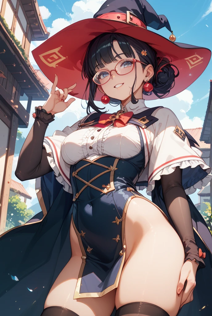 masterpiece, best quality, highres, aarurutie,1girl, white bra, white tight panties, white suspenders and stockings. standing, garden, smile, red blush, , open mouth, megumin_konosuba:1}, short_hair, brown_hair, red_eyes, black_hair,, small breasts,