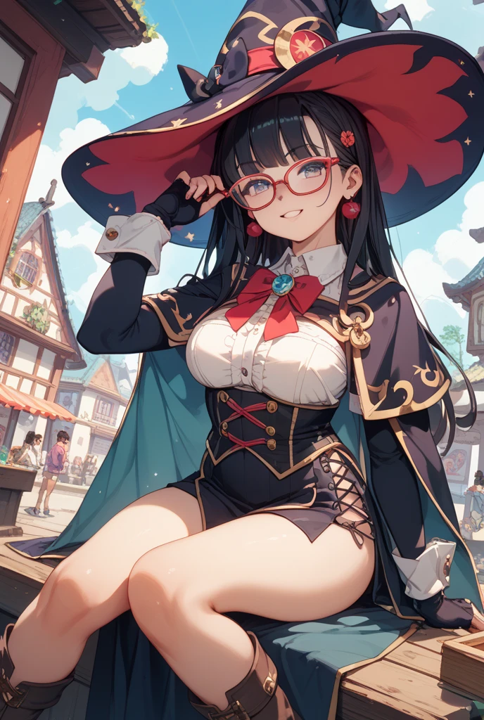 <lora:add_brightness:0.5><lora:add_detail:0.5>1 girl,solo focus, breast,thighs, underboob, smile, ,blush, forehead, black hair, glasses,sitting, on ground,
mini witch hat, short witch dress,cloak,
hill, cloudy sky, flower, contrail,
cowboy shot,