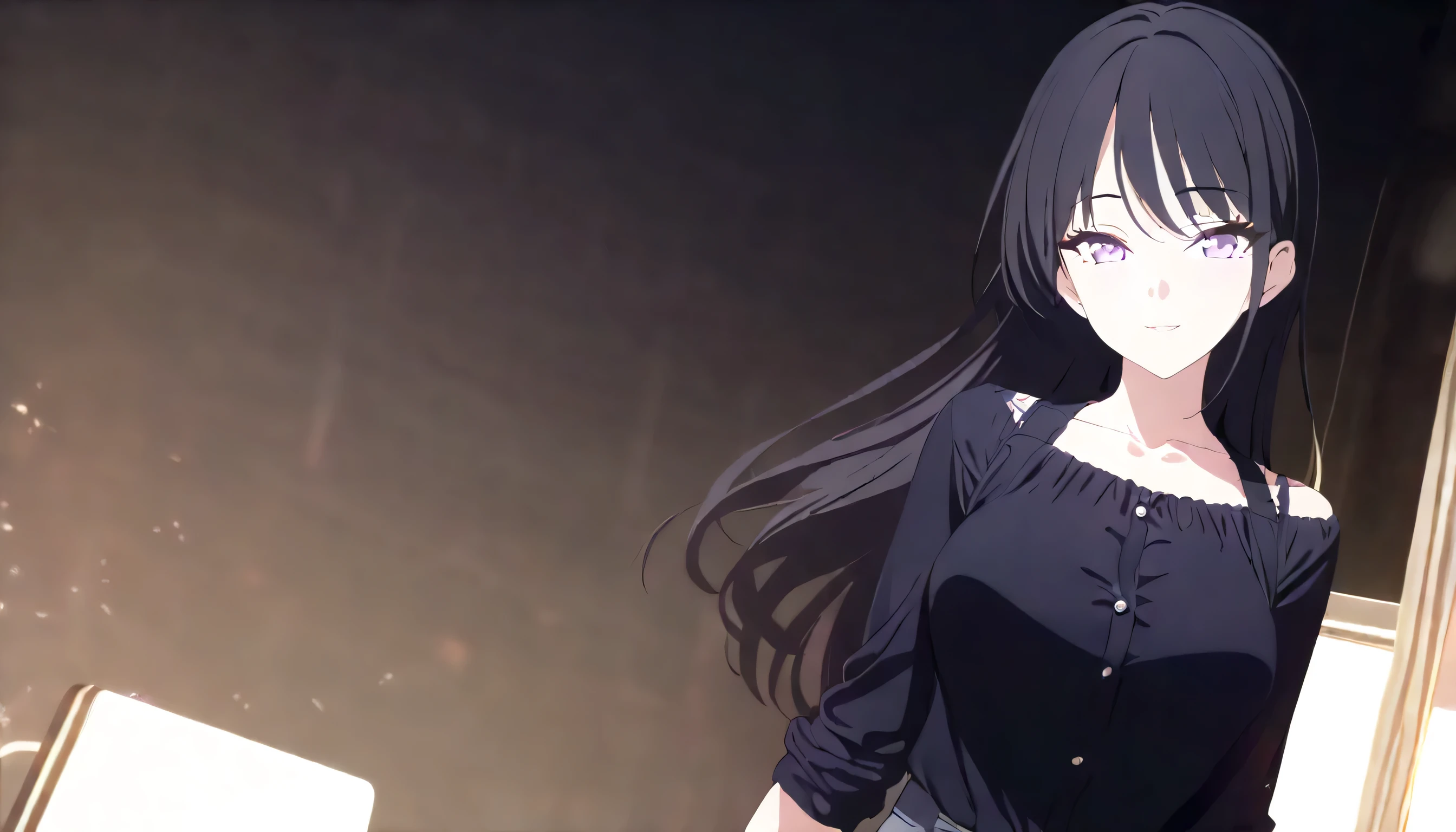 masterpiece, best quality, solo, 1girl, mature, black hair, long hair, lavender eye, small to medium breast, casual outfit, standing, looking at viewer, innocent gaze, sincere smiling, composed, reserved, pitch black background only