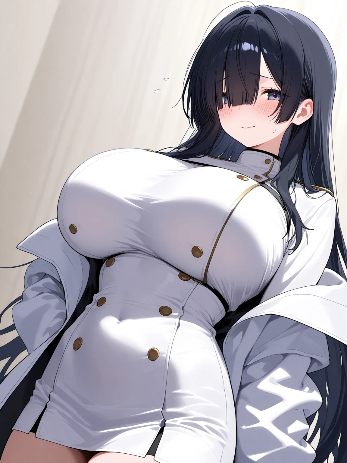 1woman, long wavy black hair, white beret, perfect eyes, black eyes, angry face, white necklace, sexy black low-cut dress, White coat, long white stockings, black heels, long white gloves, big breasts, big ass, house background