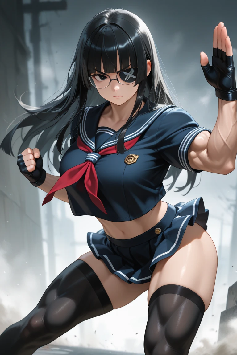 ultra-detailed, Explicit, Beautiful body, Beautiful Nose, Beautiful character design, perfect eyes, perfect face, ultra highres, 4K, beautiful legs, perfect legs, Nice hands, Perfect hand, Masterpiece, Best Quality, Highly detailed, illustration, absurdres, perfect anatomy, street fighter, doll suit, shadaloo doll, dollsuit, expressionless, blank eyes, looking at viewer, red gloves, emotionless, black latex, corrution, mind control, female combatant, full body, hypnotized, unhappy trance, full body suit, ribbed bodysuit, both arms at side, obey, perfect female body, extremely glossy latex, hypnosis, hypnoLora, empty eyes, Mind control device, poses, submissive_pose, Slave, hat, necktie, stand up straight, standing, standing at attention, hat, necktie, belt, latex, ribbed bodysuit, thighhighs, garter belt, Fighting Stance, extending the right arm from the shoulder into the air with a straightened hand, military, thigh boots, 1girl, Solo, Yomiko Readman, R.O.D, black hair, long hair, glasses, black eyes