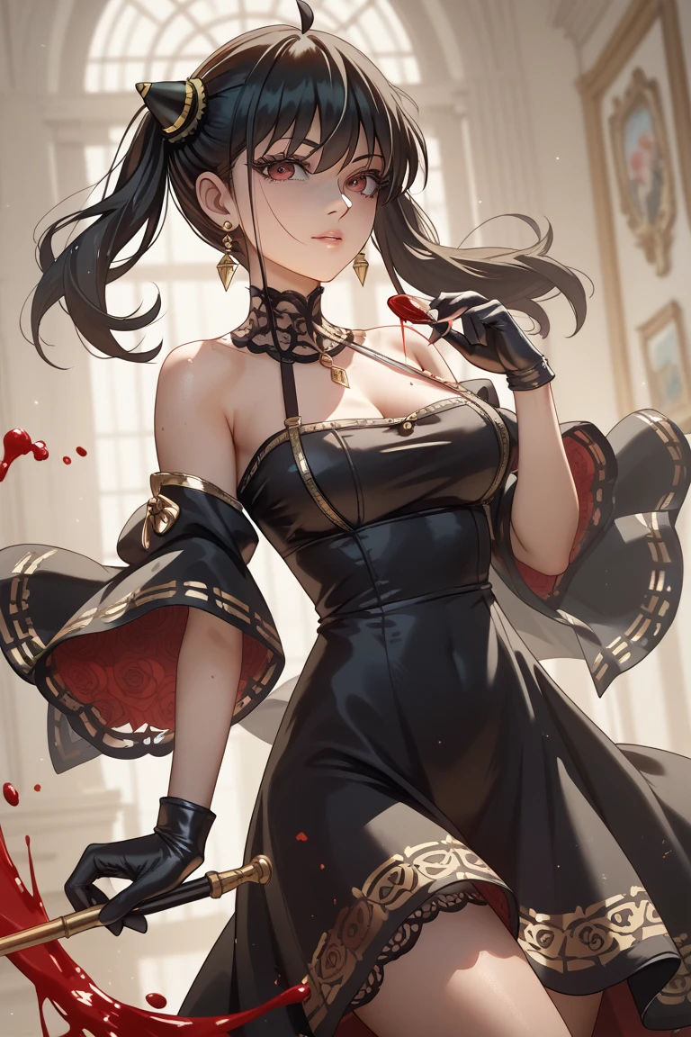 Yorbrier、
Super beautiful big glowing eyes、1girl in, in backlight, bare shoulders, black backgrounds, Black Dress, Black Gloves, Dark hair, Bloods, Blood on the face, Blood in weapons, breastsout, Mouth closed, cowboy shot, doress, 耳环, deadpan, Fingerless gloves, floting hair, with floral pattern, with floral pattern, florals, gloves, Gold Earrings, Gold Hair Band, flower in hair, hair adornments, shairband, ngel, holding weapon, jewely, large full breasts, light particules, length hair, looking at the viewers, Off shoulder dress、off shoulders、flower petals、red eyes、roses、Rose petals、Rose print、short hair with long locks、side locks、独奏、spikes、thighs thighs thighs thighs、two-sided dress、two-sided fabric、arma
、((masterpiece))