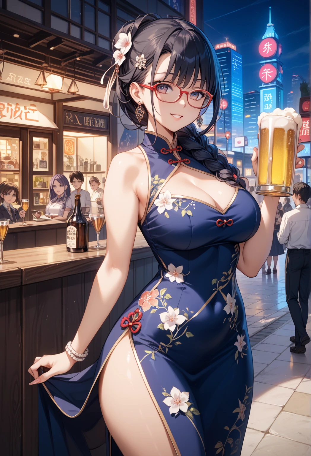 1womanl,Black hair,14years ,(()),Beautiful breasts,(((sexy white and blue shiny cheongsam)))(())(((Blushing cheeks、Smile with open mouth)),(((Satin Narico))),((( portlate))),Crowds,white and blue cheongsam