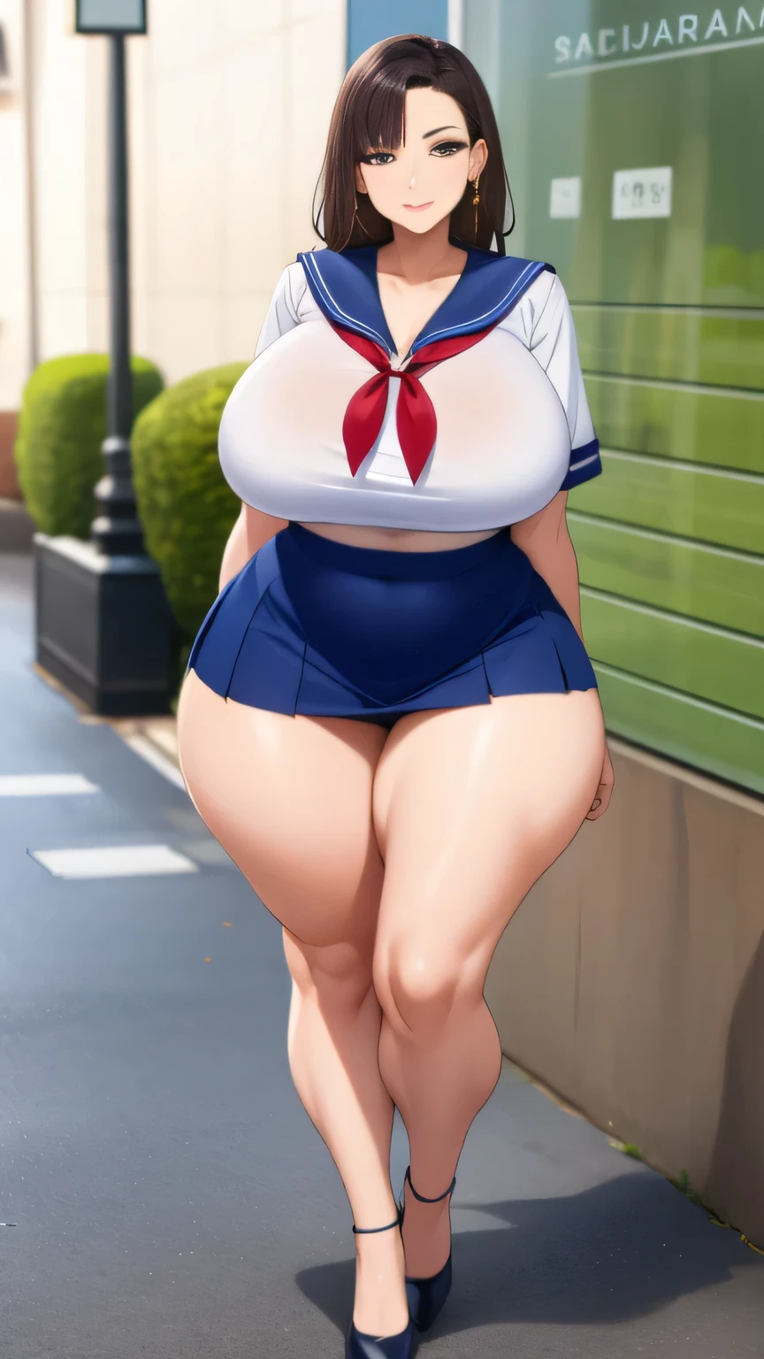 Big Breasts, Big Hips, Full Body Shot, Mature mother, Voluptuous thighs, ox, Seductive mature woman, Perfect body, Plus Size Model, Sailor suit, Wearing high heels,Miniskirt Uniform,