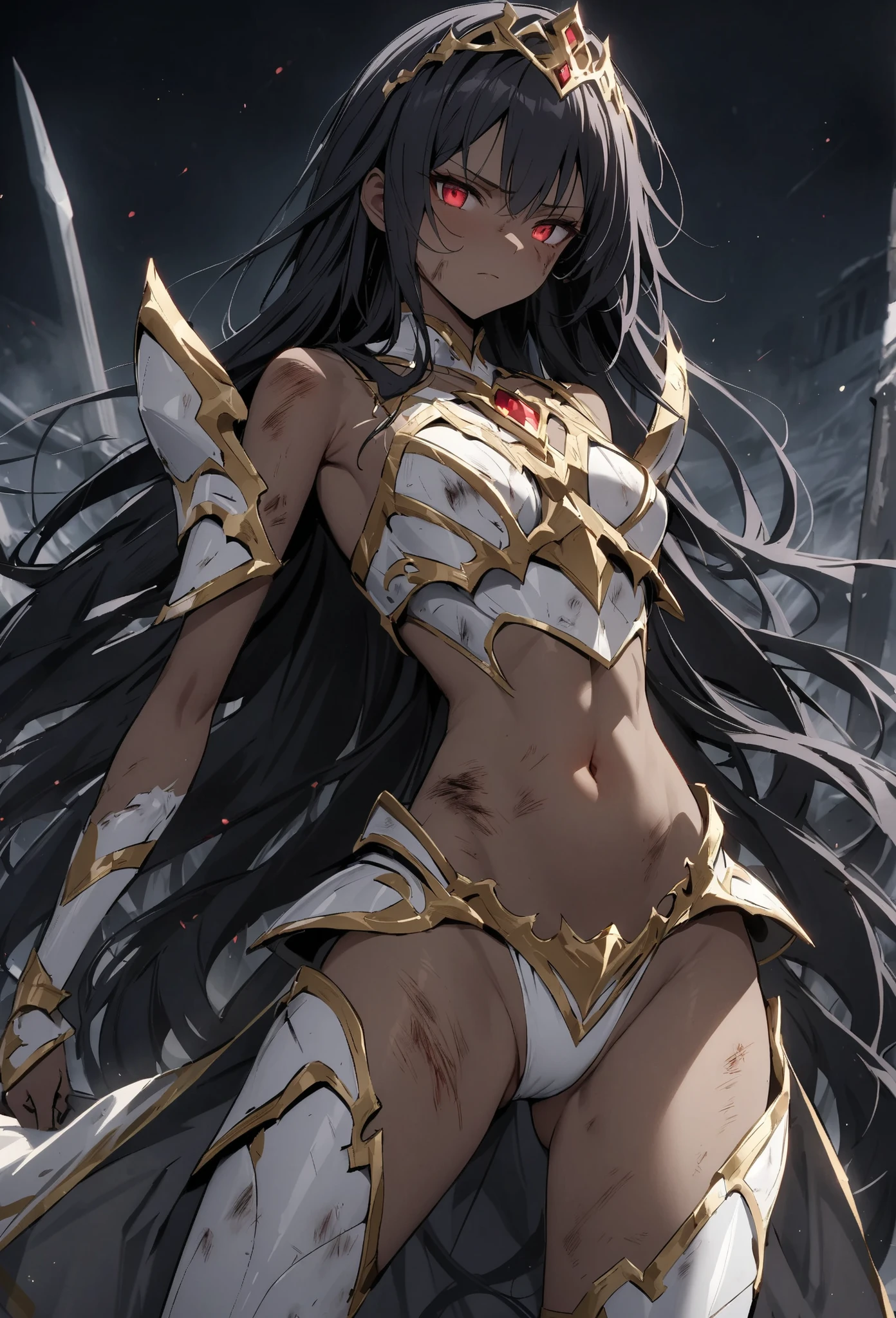 (((Highest quality)))、(((masterpiece)))、A dark-skinned female warrior with long brown hair is being attacked by a monster.、Model-like body、Wearing white bikini armor、Disheveled Hair、(((Flat Chest)))、(((Action Scenes)))、(((In combat)))、(((Painful expression)))