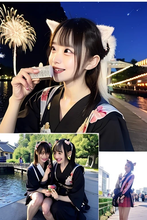A Japan young Russian girl in a blue kimono and a young Russian girl wearing a purple kimono with lots of Sanrio characters printed on it and round glasses on her face are taking a selfie. Japan girl puts her hands on the waist of a Russian girl. The background is a farming village in Nara Prefecture in Japan, a landscape seen from a high mountain, with a blue sky, distant mountains, spreading fields and greenery