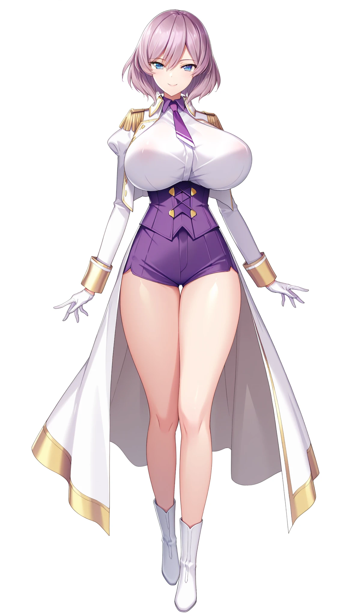 masterpiece, best quality, 1girl, solo, breasts, thighhighs, blue-eyes, staff, (huge-breasts), gloves, boots, black-hair, nun, habit, elbow-gloves, sideboob, garter-straps, purple-thighhighs, skirt, smile, curvy, thighs, full-body, simple-background, miniskirt, looking-at-viewer, cleavage, black-dress