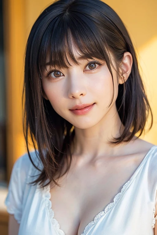 女の子1人、top-quality、realisitic、report、depth of fields、natural soft light、during daytime、魅惑的、beauitful face、Cleanliness、Pure face、de pele branca、cute hawk hair、bangss、the beach、rays of sunshine、Nedium Breast Body Esbian、((Beautiful face with sweater golden ratio Beautiful face with symmetry))、long neck、Put your ears out、bangssのあるきれいな短いボブヘア、Smile with your mouth closed:1.4、Smile with your mouth closed:1.4、perfect hand指、perfect hand、Perfect body、face perfect、Shine a light into the eyes、Perfect Anatomy:1.4、very cute super model:1.4