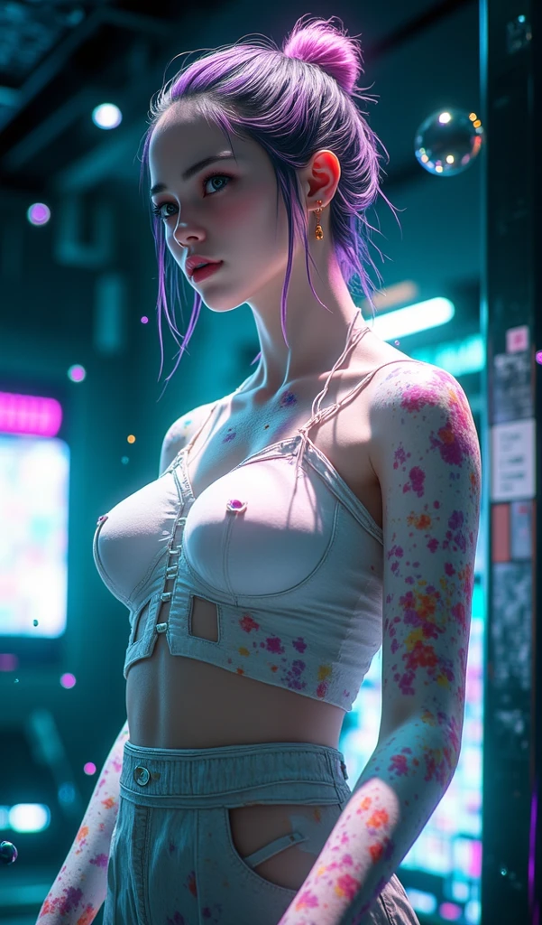 (quality)), ((masterpiece)), Recommended results、Puffy nipples、(see through:1.5)、straighten your back、abdominal muscles、huge bust、angle to floor:1.2、low camera angle、Hair loss on crotch,Hatsune Miku,super detailed)), (highly detailed CGillustration), ((extremely delicate and beautiful)),(1Mechanical Girl)),alone,White whole body,(Machine made joints:1.2),((white mechanical limbs)),(Rainbow blood vessel dots connected to tubes),(Rainbow mechanical vertebrae attached to back,With flowing rainbow dots.),((Flowing rainbow fixed around neck)),poker face,(Rainbow wires and cables attached to the neck:1.2),(Rainbow wires and cables on the head:1.2)(Character focus),,Very detailed,colorful,most detailed,white transparent wedding dress,huge ,floating in the air