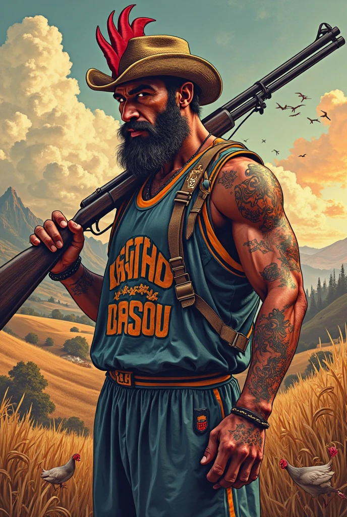 Muscular Bambam from the Flintstones, tattooed and with a rifle in his hand
