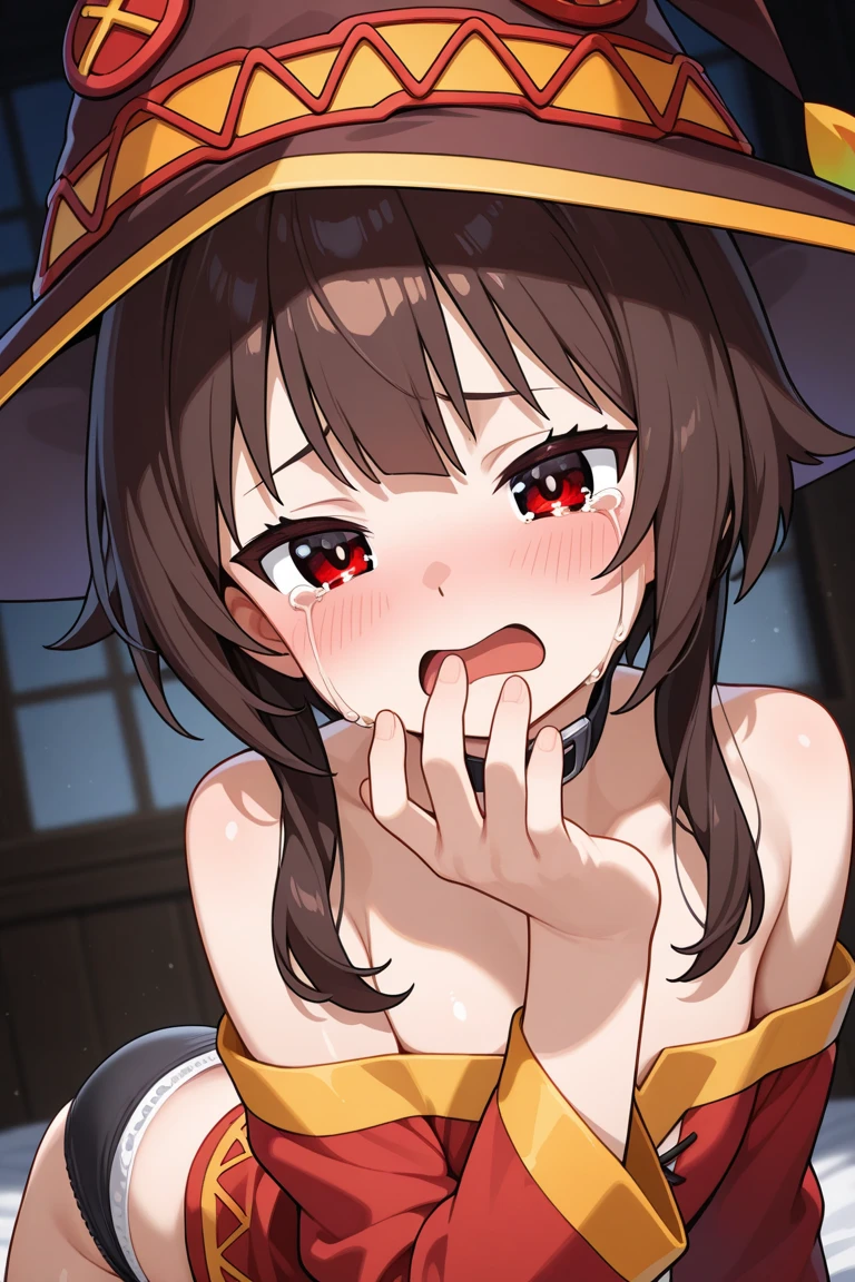 (Best Quality, Masterpiece),sexy,  erotic, 1girl, 18 years old, Contempt, pride, short brown hair, ((red eyes)), looking up, medival tabern, sweat, ((blowjob)), penis, man, dick, cumming, witch hat, official outfit, small breasts, angry