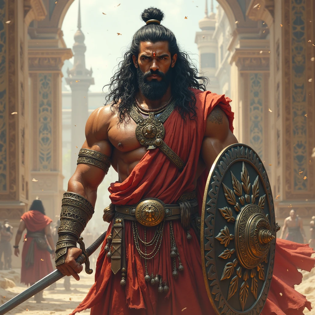 "A Rajput warrior with large, impressive mustaches and a face resembling that of a lion."