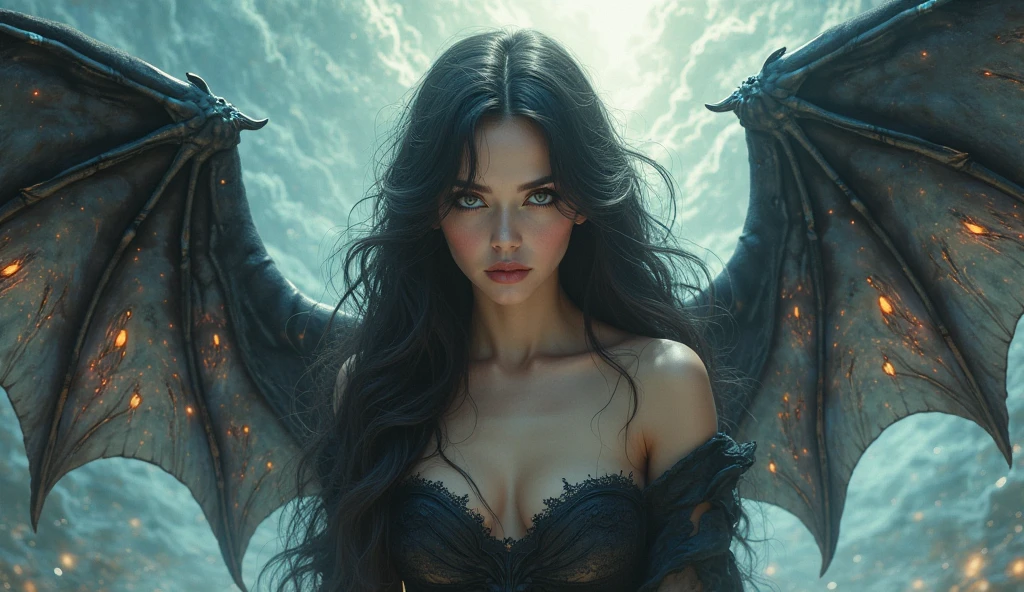 a Harpyia is a mythological creature that combines bird and human elements. Their body resembles a woman with human hands and head, resting on the edge of a high cliff overlooking a calm sea. Show them gazing at the horizon with a sense of tranquility. The backdrop should feature a vast, endless ocean, Horror Art of Fiction, Science fiction horror artwork, Horror fantasy art, Concept art horror , venin, Art fantastique et horreur, 4K horror detailed illustration,Dark F, bright blue eyes, long black hair, scale scattered on the body, black and blue color wings, close shot, tan skin