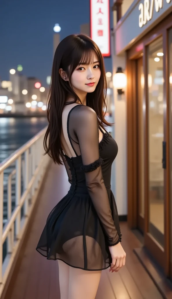 （best qualtiy，hyper HD, masutepiece,Super Detail）,Goose egg face,largeeyes,long eyelasher,Exquisite（Live-action realistic style）,Extremely beautiful face,Photorealistic light and shadow,Clear facial features,milky skin,Fair skin,Realistic skin details,Visible Pore,I have brown hair,Medium Hair,（Flowing hair）,Luxurious space,NSFW：1.07、(Large natural breasted),Bangs,Big, slim figure, (Wear a simple dress), ((smiling at the viewer)), Blue eyes,Shot from a short distance,Simple One Piece Dresses,a miniskirt,A sexy,(A panoramic view of Tokyo at night),Standing on the windowsill and smiling,((Let's see the beautiful night view of Tokyo together)),Too beautiful night view,Give your viewers a big smile,Shooting from above,Beautiful night view of gorgeous Tokyo