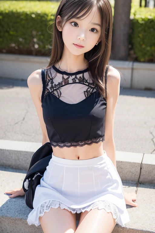 8K,Japanese,10 years old,Innocent face,Teenage Girl,cute,(Denim mini skirt:1.3)、Her skirt is rolled up、Spread your legs、(Black lace panties:1.3)、Exposed thighs、her belly button is visible、Good top、(Casual wear),Sitting,Spread your legs、Black Hair,garden,Hair Clip,smile