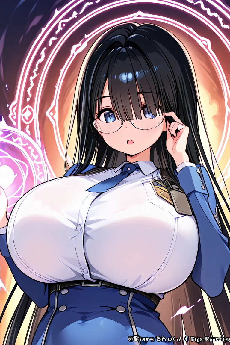 (Perfect body),Best Quality,16 K、((NSFW))、blush、(((:D)))、Surprised、One eye is closed、embarrassed from,((Short hair))、((Pigtails))、(((Blue eyes))),((Dark purple hair)),(Sweat)、(Black-rimmed glasses)、White Dress、Black jacket、Gold decoration、(((White panty)))、(Blackknee Socks)、((Big ass))、(((((Big breasts)))))、(((thick thighs)))、((Hands behind the head))、(Armpits)、cosmic space