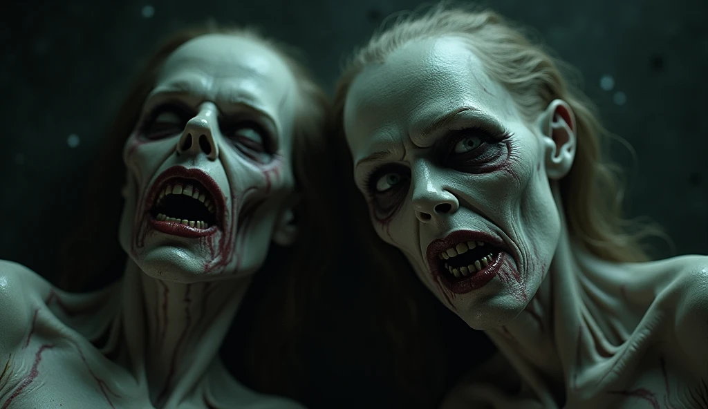 make a creature that looks like a horrible woman with big nails, with a deformed face with his mouth sewn shut in a dark house with three bodies of teenage men next to him showing his body