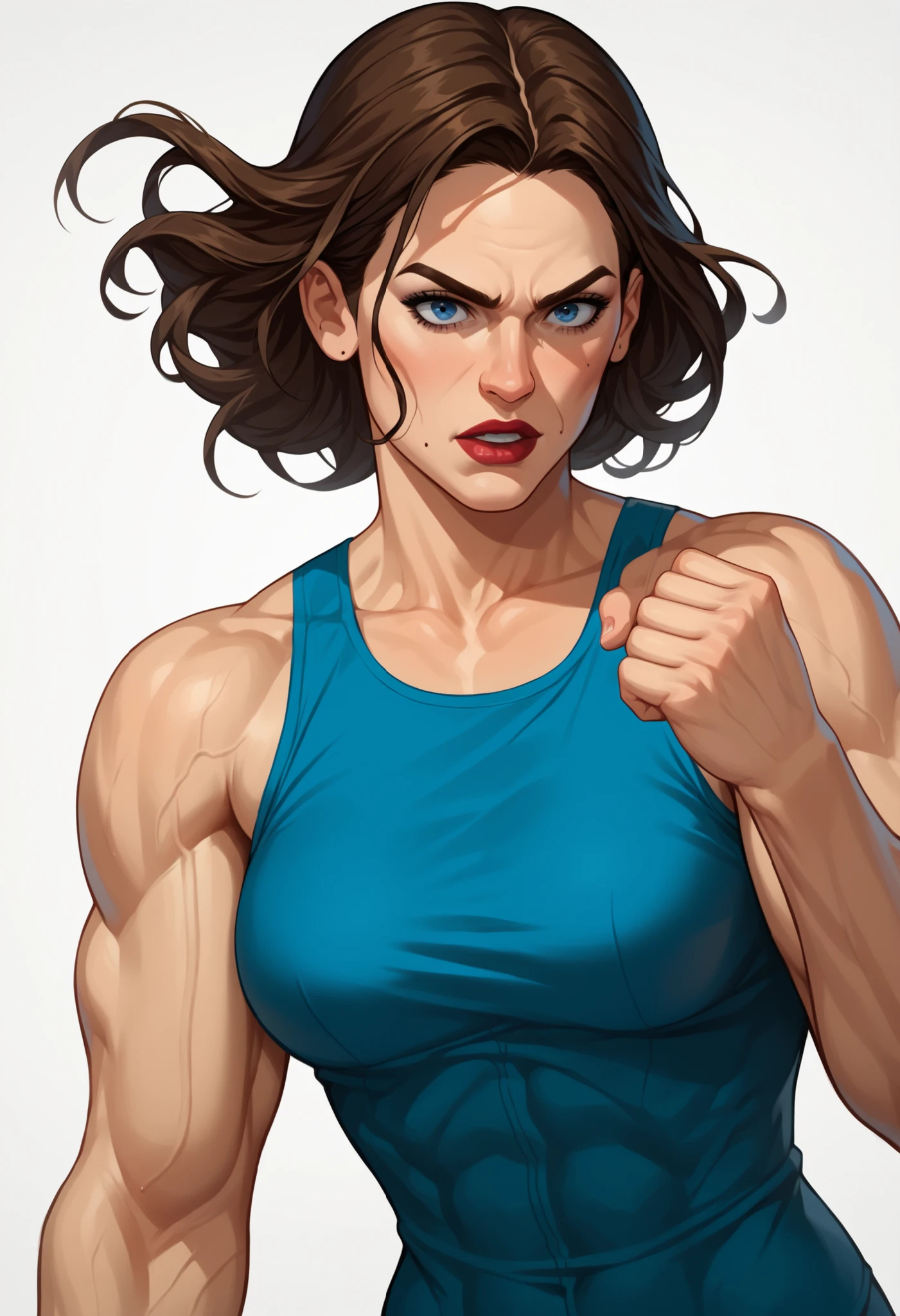 ((White background)) rathing_questionable, (1 girl) (solo girl) score_9, score_8_up, BREAK, perfect face, 1 girl, (Captain Carter:1.4) , Short brown hair,blue eye (White tank top:1.4) ,(brown pants:1.mall breasts:0.3)) , muscle (very strong) ((Fighting pose)) kick