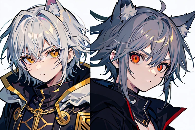 ((highest quality)), ((masterpiece)), (detailed), Perfect Face, One boy, Handsome man, 20〜30 years old, Vtuber model, Very short hair,Cut Hair, ((White wolf ears)),  Shiny skin, Line art, ((Heterochromia,Left eye shines golden,Right eye glows red,Right eye has bloody tears)), White Hair,Silver Wolf Personification,Take away