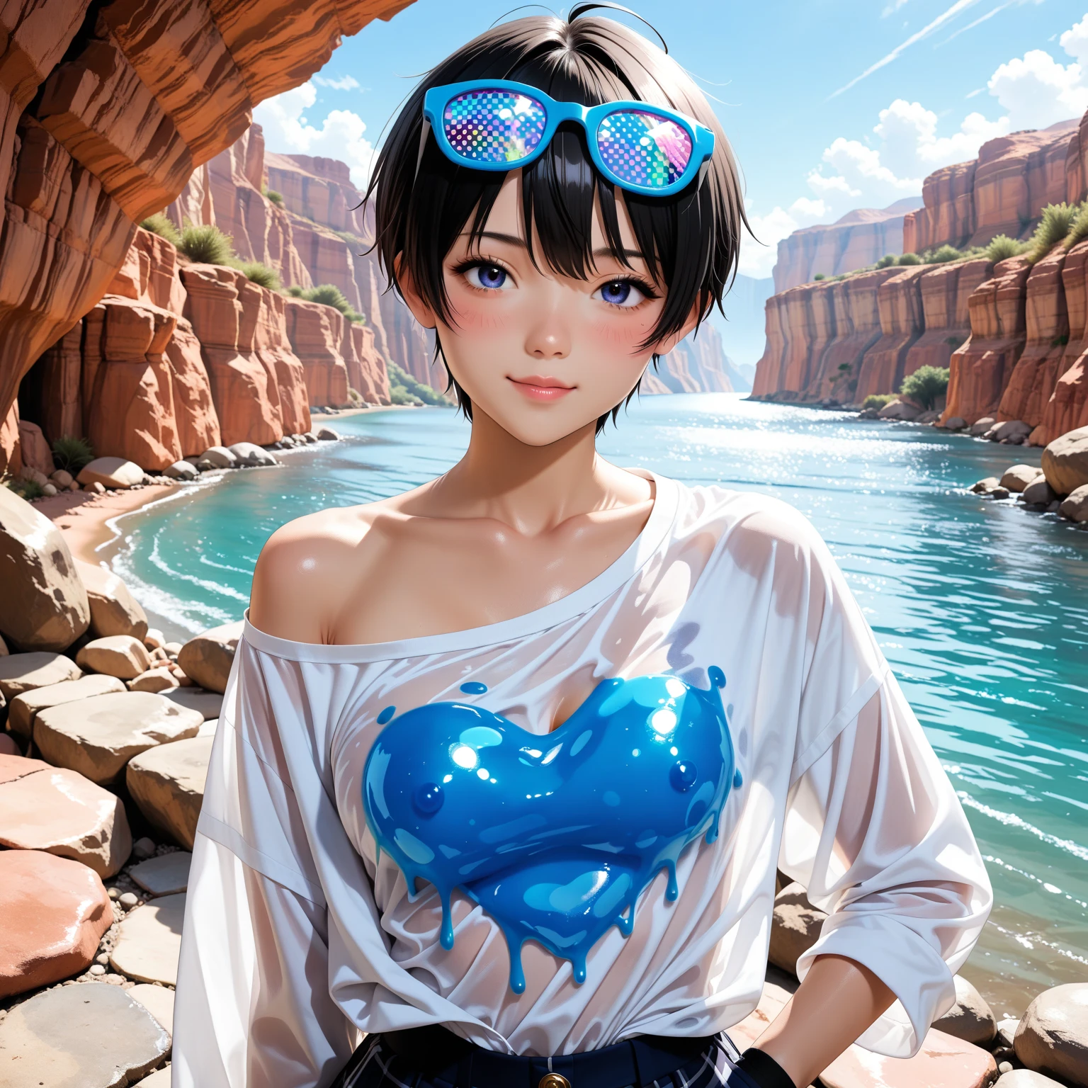 Beautiful fece, illuminating, ​masterpiece, top-quality, 1girl in, 独奏, Samyang,maikurobikini, Stylish white bikini,Wet and wearing a white shirt、 cleavage of the breast, suntan lines, looking at the viewers, A detailed face, A detailed eye, detailed hairs, standing at a beach、beauty legs、landing,poneyTail、 the beach、Palm trees、mare、 wetted skin, wetting hair, High quality water, hard disk, 4K, Super Settings、A dark-haired、Shorthair、Colorful inner colors