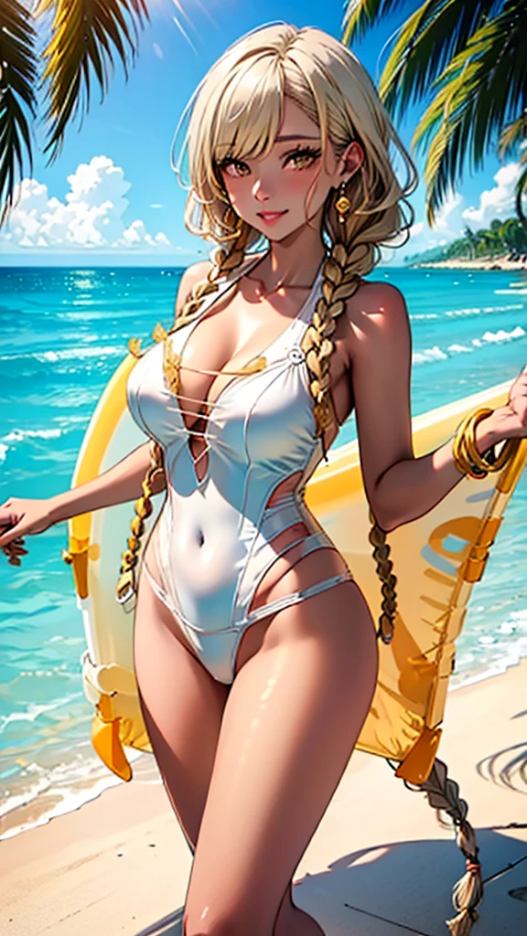 One girl, solo, Big round breasts, clevage, curvy, late. pink bikini amazing body, realistic, blonde hair, light green eyes, amazing big eyes, eye details, eyebrow details, big lips, blush, confident, smirk HD, good quality, standing up, indoors