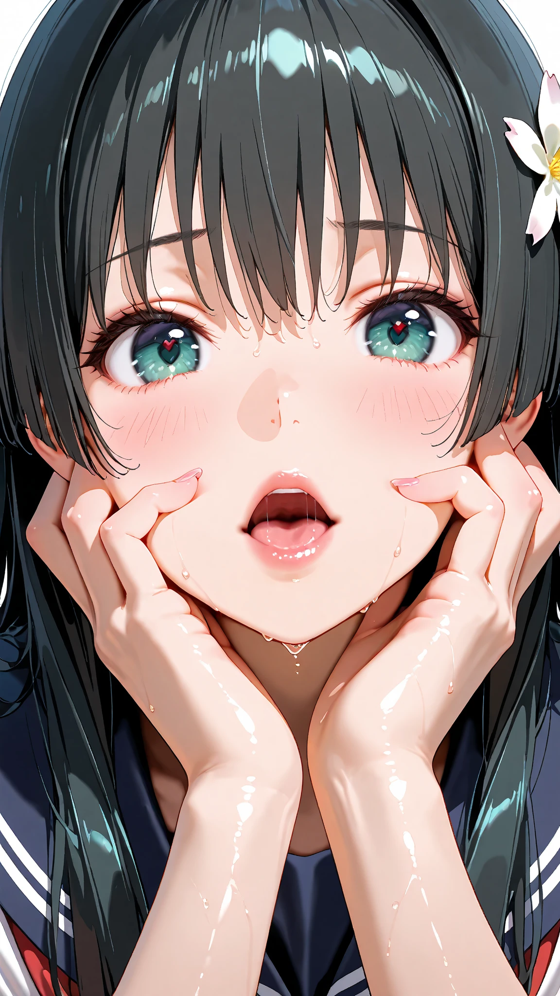 1girl, tiny girl, young girl, mesugaki, mesugaki smile, tidy, yoing lady, long hair, Black hair, short cut, white Camisole, long frilled SKIRT, small breasts, big ass, thick thighs, Teasing, naughty looks, heart eyes, Lower arm, Focus on the girl, glossly skin, oily skin, Gravure, pinup, junior idols, image video, fellatio gestures, tongue sticking out, Drooling, Close up of face, bust up, after sex, Masterpiece:2, Top Quality, high Quality, Very Detailed, ultra High Resolution, super High Resolution, Beautiful Detail, Dynamic angles, perfect lighting, 8k, Animation Style, cartoon style, game cg,