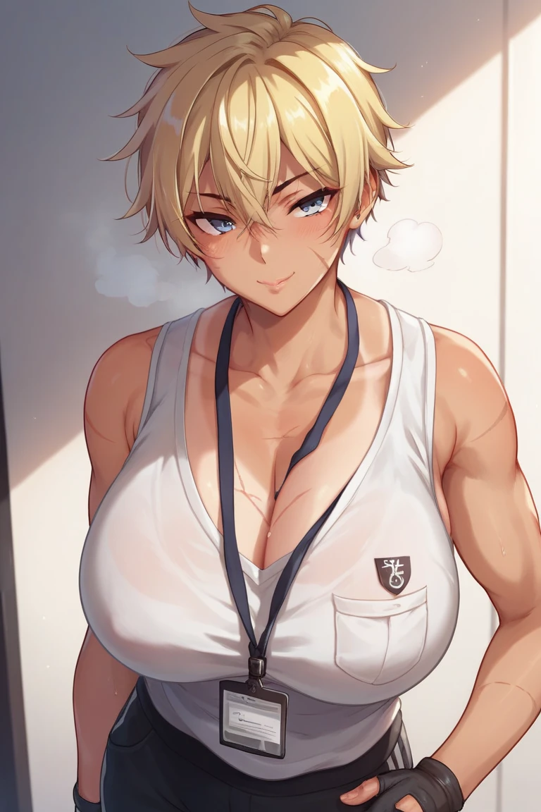 score_9, score_8_up, score_7_up, score_6_up, source_anime, BREAK by ikuchan kaoru, iku, clean color, flat color, sitting, indoors, presenting breasts, couch, muscular, extremely muscular, 1girl, bodybuilder, muscle girl,hellsing, seras, smug grin, holding laugh, open shirt, white suit shirt, brown trousers, belt, blonde haur, ((closed mouth))