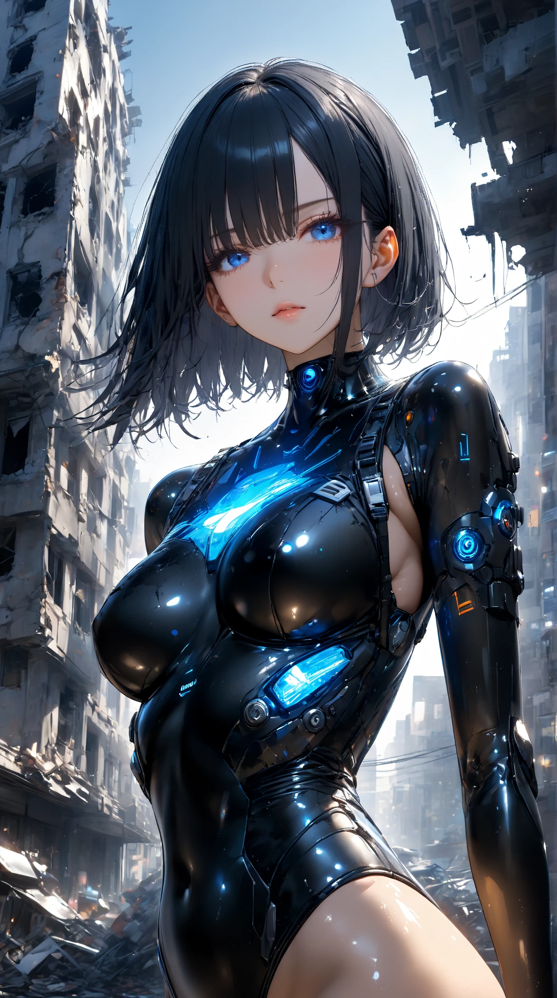 Beautiful woman with a black mechanical body, Stand in the Dark, Long, shiny black hair, Clear blue inorganic eyes, White skin, A red vein-like tube was connected to his neck.、Highly detailed and realistic mechanical body, Spine, Waist, Creates a striking contrast, The woman&#39;s body arched backwards, Impersonal medical terms, Beautiful skin and eyes, Artistic expression of machine-like body and light tube, Illuminated by a mysterious blue light from a black background, Cinema Lighting, Studio Lighting, 4k 8k masterpiece, Super detailed, 3DCG concept art, Android
