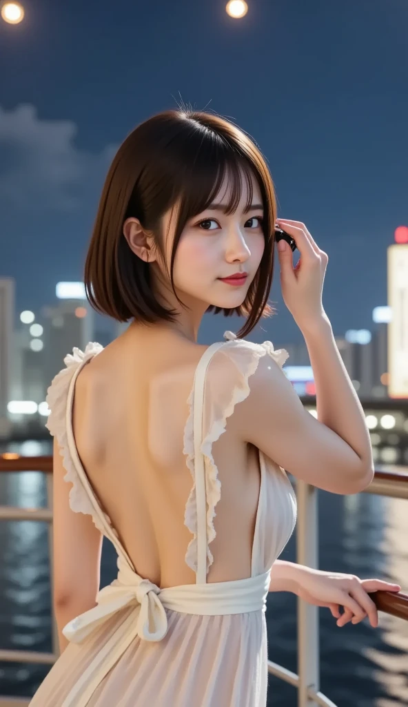 SFW,
((porttower background left:1.3)), ((kaiyomuseum background right:1.4)), water reflection, city lights, neon lights,
Water Front, deck,
Perfectly anatomically correct,
1 Japanese Girl, (Short Bob Cut), Wide-Set Eyes, Very White Skinned, Bashfully, Blush, 18-Year-Old, Open Mouse Slightly,
,
Brown Hair, Wet Hair,
Light Smiling,
Looking Back Viewer,
Dynamic Angle,
8K, RAW Photo, Best Quality, Masterpiece, Realistic, PhotoRealistic, Extremely Detailed 8K Wallpaper, Beautifully Detailed Eyes, Finely Detailed Face,
Professional Lighting, Cinematic Lighting, ((bokeh))