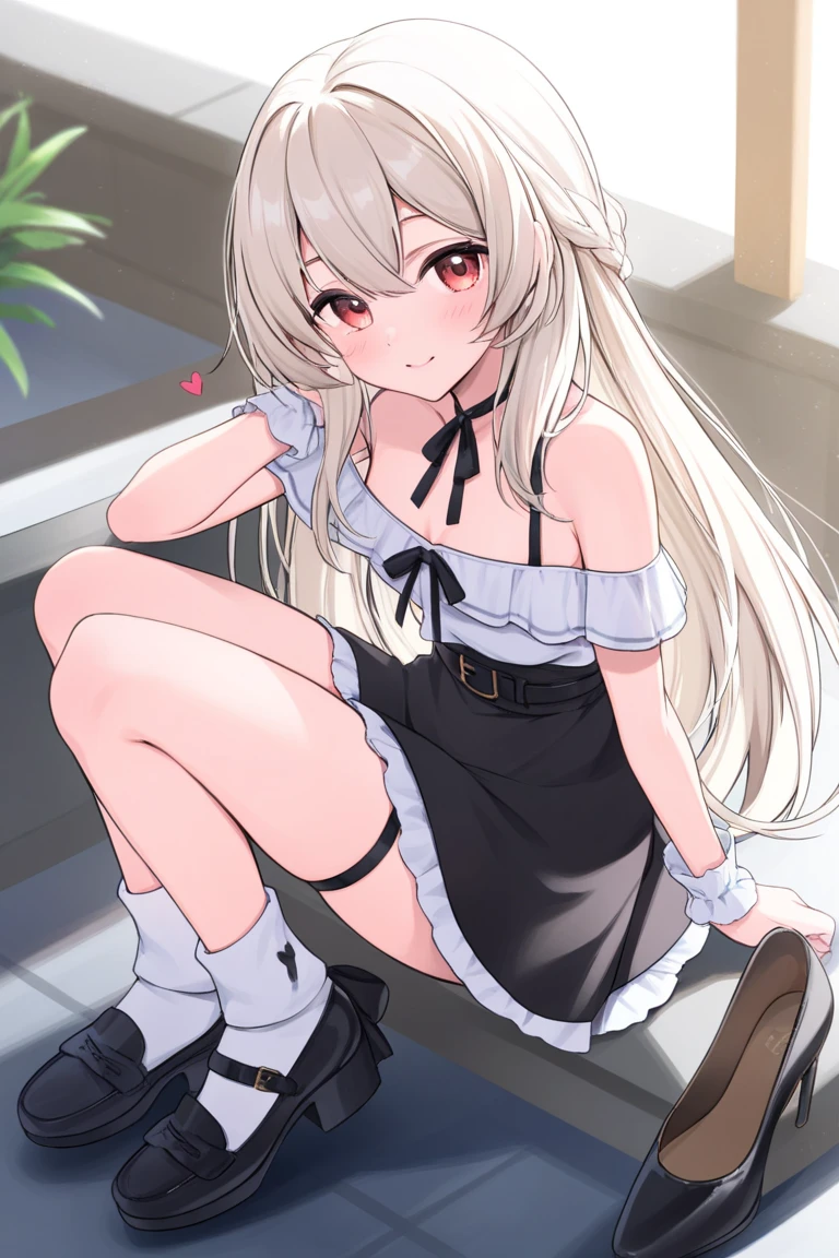 White long hair, gray eyes, clear eyes, detailed eyes, big , fit thighs, school uniform, pulling up a skirt, holding skirt, mini skirt, blushing, heart eyes, in a school, showing panty, wet panty, unbuttoned shirt, 