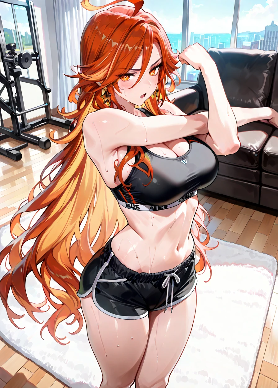 anime absurdres illustration, drawing, (lineart:0.6), stunning intricate full color portrait, epic character composition, by ilya kuvshinov, alessio albi, nina masic, sharp focus, natural lighting, subsurface scattering, f2, 35mm, film grain, High detail RAW color Photo of gorgeous woman, long_hair, (smiling:1.2), big smile, (yoga_shorts:1.1), (crop_top, tube_top:1.1), eos, skin_pores, 8k high definition, high detail eyes, highest quality, skin texture, masterpiece, best quality, 8k, perfect lighting, (sharp focus:1.2), HDR, beauty, ultra-detailed, amazing,