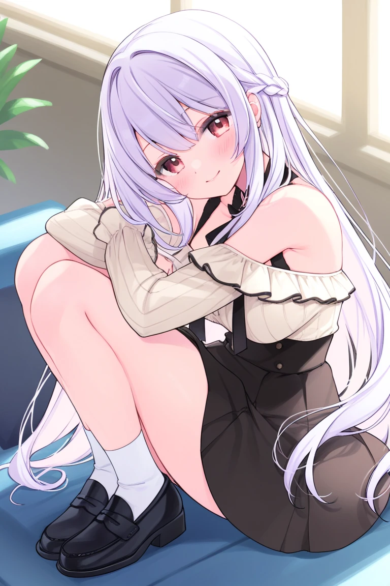 solo, 1girl, small breasts, light smile, squatting, silver hair, uneven twintails, light blue eyes, dark purple dress, hotel room