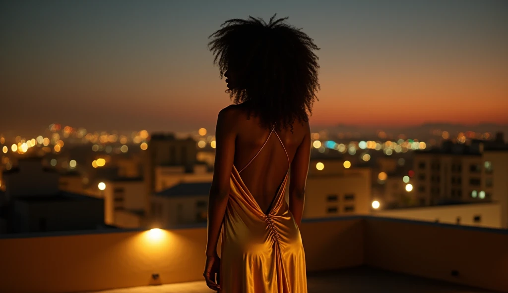 gorgeous young Martinican woman, in front a big city in the night, wearing a long dress full body, beautiful face, masterpiece, best quality, ultra-detailed, solo, shadows, contrast, cinematic light, side lighting, ultra high resolution, best shadow, RAW, 4K, 85 mm, poca profundidad de campo, Kodak Vision color, extremadamente detallado, Cinematrographer_\(ultra\), photorealistic, realistic, postproceso, Maximum details, aspereza, vida real, ultra realista, fotorrealismo, Cinematographer, 8K UHD, Cinematographer