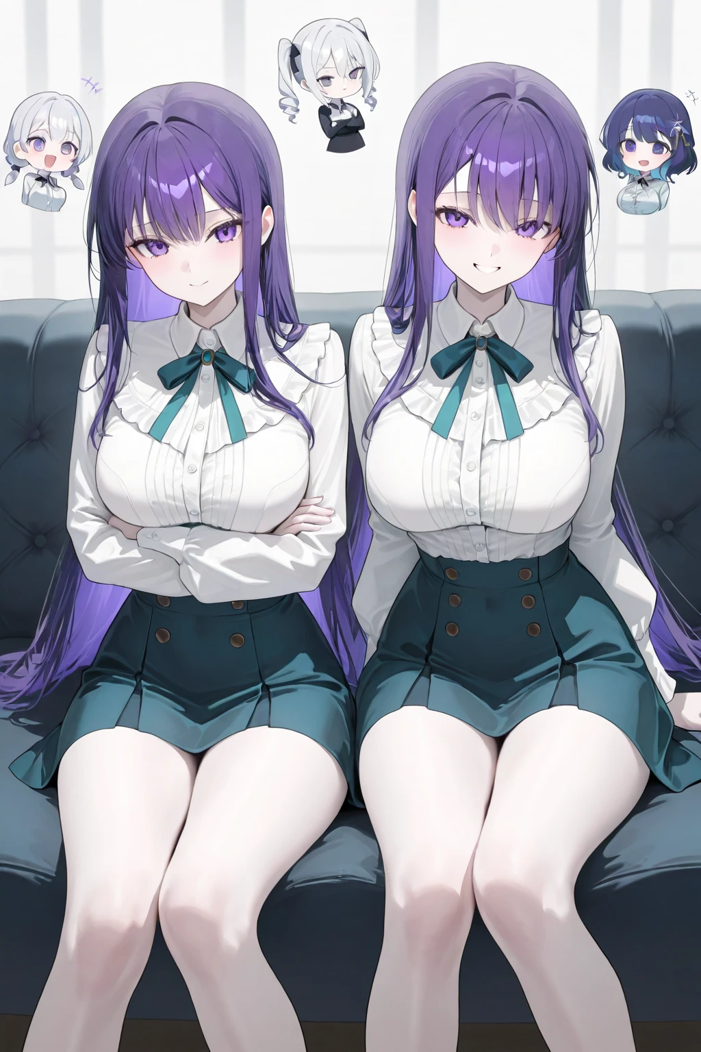 High detailed, 1 girl, solo, Violet long hair, blue eyes, busty, firm chunky body white shirt, , deep cleavage, Juliet sleeves, pencil skirt, black thighhighs, white gloves, tall, smiling