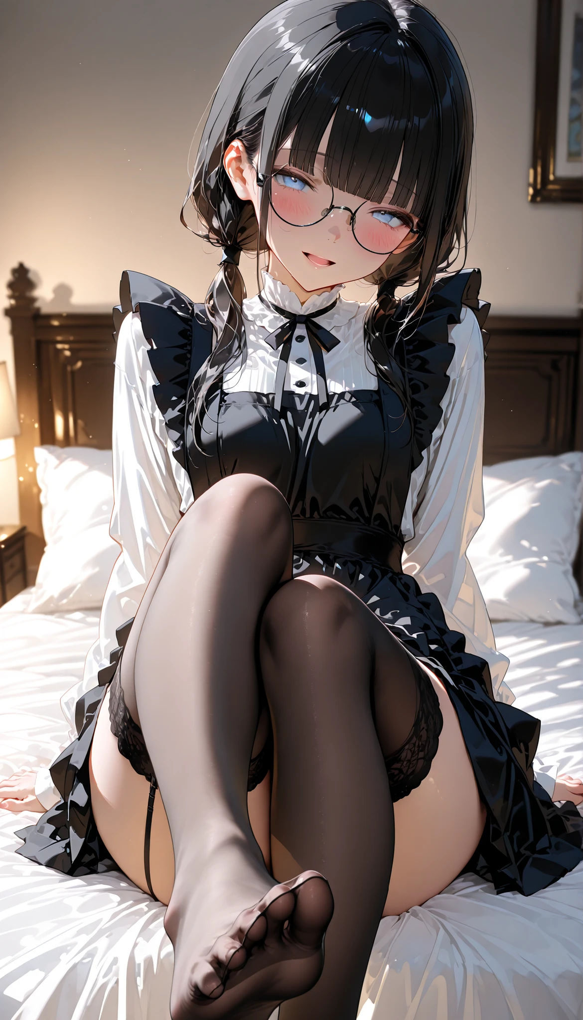 Il y a une femme adulte allongée sur un lit avec des lunettes, french maid, soubrette , cheveux noirs et mèches violettes, oreilles de chat sur la tête, Femme de 30 ans ,belle poitrine , Décolleté important, Avatar de seconde vie, Belle capture d’écran, charme , Seconde vie, Plan rapproché du corps entier , Gros plan à moitié du corps, femme séduisante, portant des lunettes noires brillantes