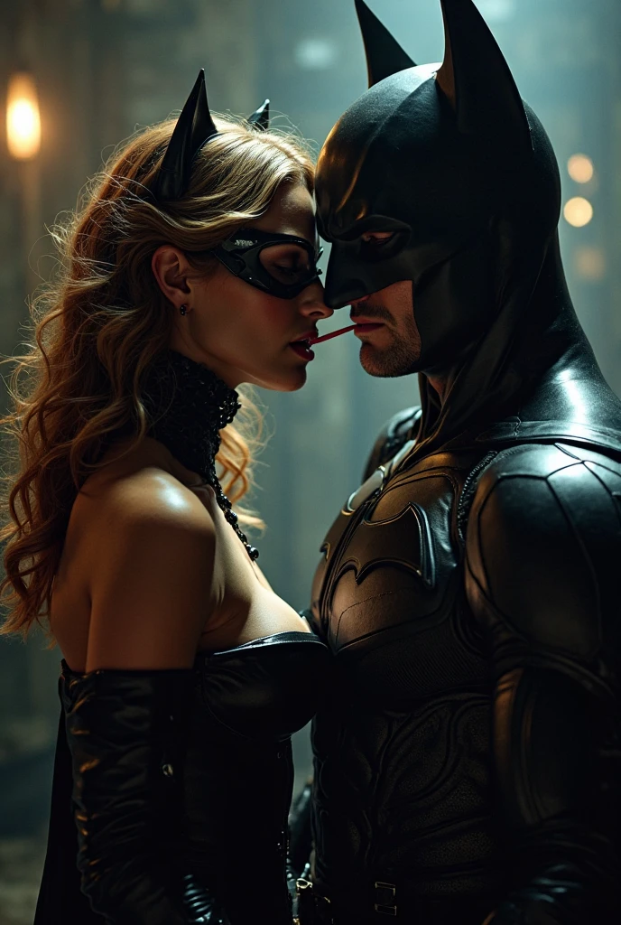 Batman indulges in an intime moment with a captivating blonde woman, whose goddess-like beauty radiates perfection and elegance. Her body, flawlessly sculpted, is adorned with a transparent dress that subtly reveals intricate details, elevating her allure. Bending on all fours, she invites him to embrace her passionately. With a f50 lens and a shutter speed of 1600, the saturation set to 9, this NSFW scene captures every realistic detail as Batman brutally penetrates her from behind. She cries out in pleasure, every sensation intensified by the intimate connection they share. --s2-upscale --