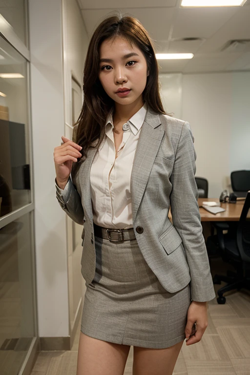 masutepiece,High quality,16k:1.1),(depth of fields:1.3) ,((front body:1.35)),Japanese ,Woman, ((business suit,black pencil skirt)),(Looking at Viewer:1.3),,(Beautiful Morning view of town:1.2), (blue jaket) (wetting herself:1.5),