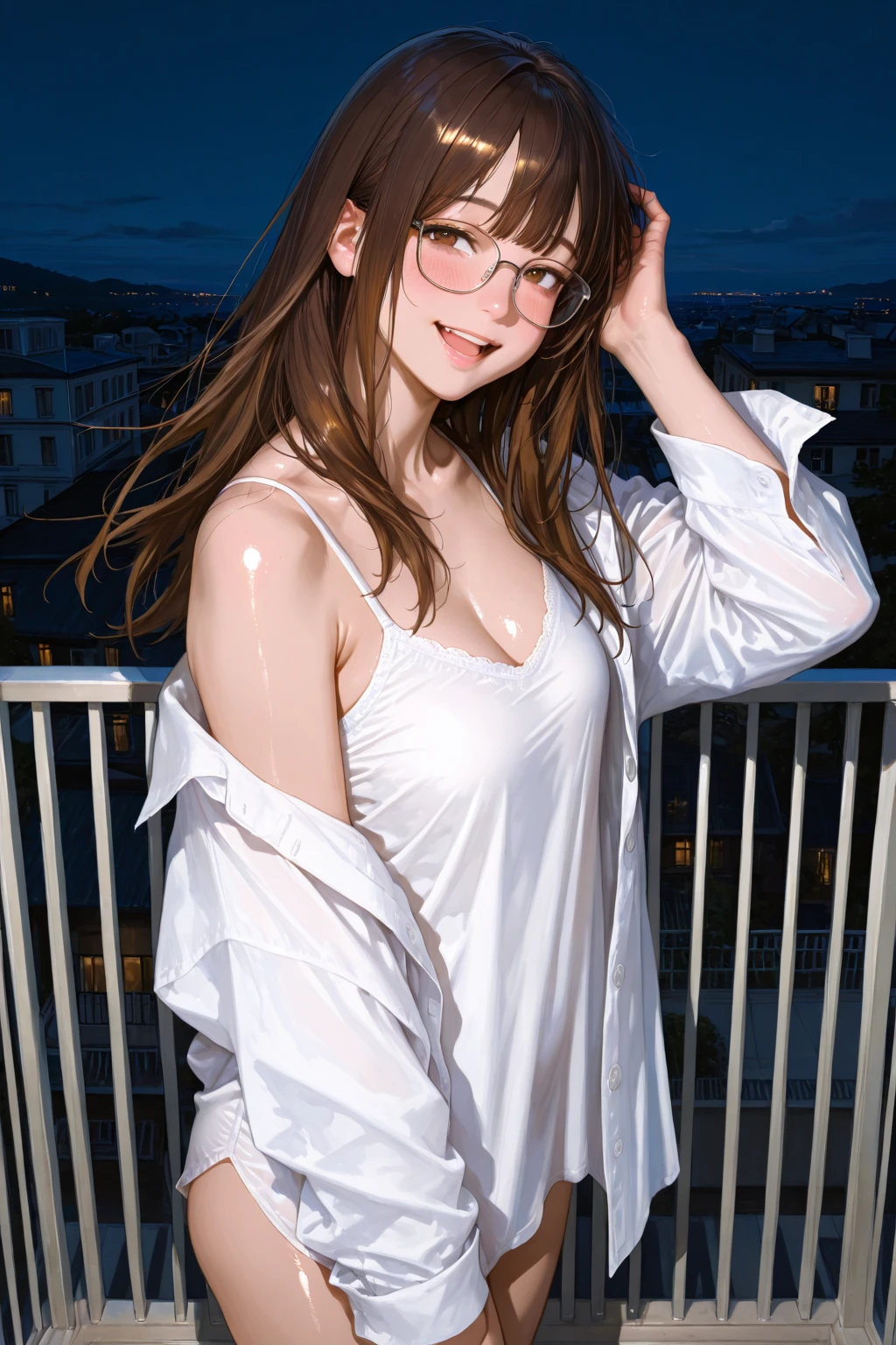 Girl,  Shirt unbuttoned, You can see her breasts, Yacht at sea background, openlegs, night, Bare chest, small breast, slim body, Sneakers , wet body, Wet hair, rain
