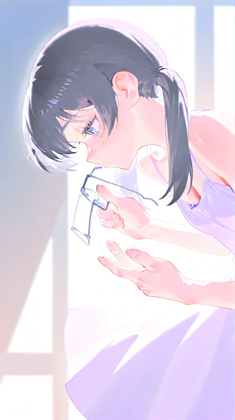 cute girl with short pink hair with bangs, wearing white shirt and pink shorts, brushing teeth in a white bathroom, 8k