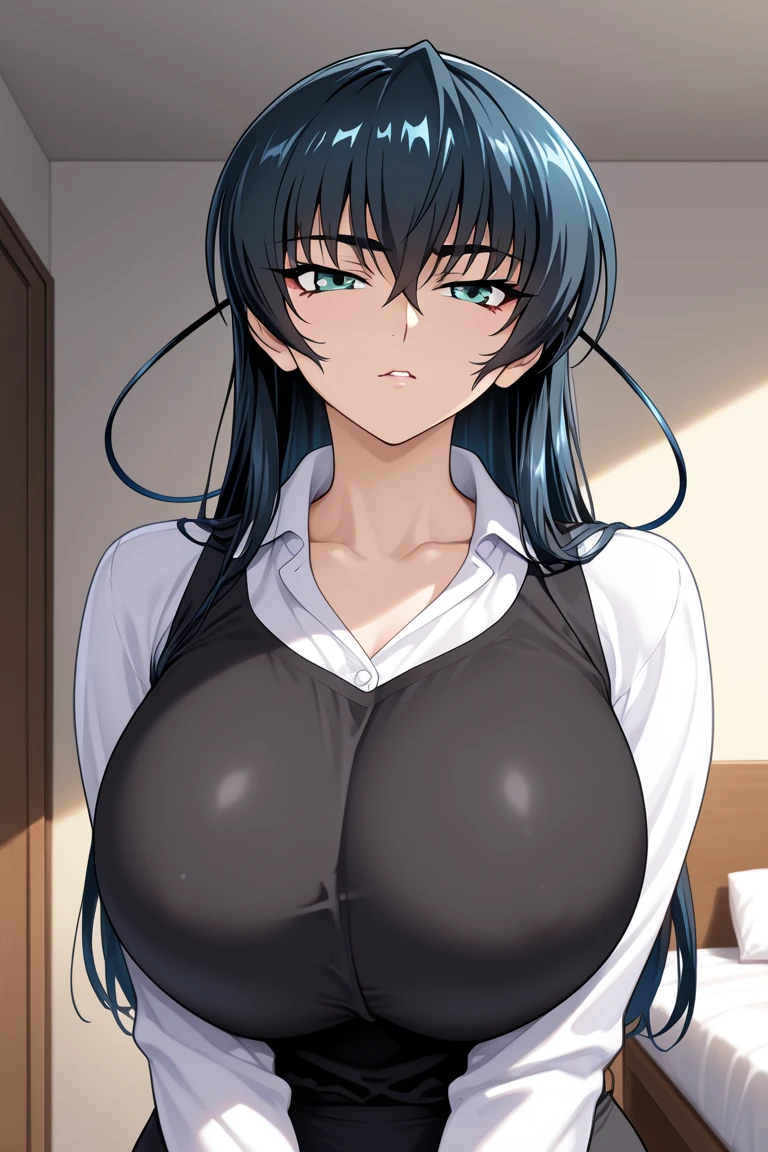 Taimanin Asagi、Asagi Igawa、Black Hair、Eyes are green、Long Hair、Huge breasts、high school student、smile、