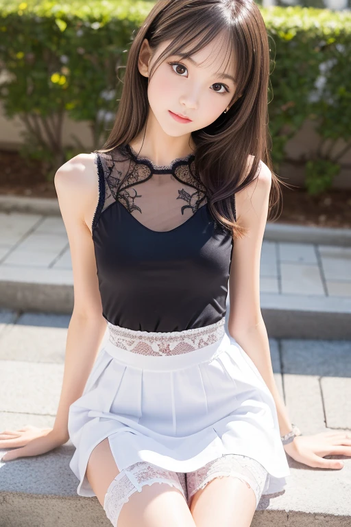 Highest quality、masterpiece、8K、Very detailed、Realistic、(Young face:1.2)、(Looks like an elementary school :1.2)、1 person、Looking at me with a smile、whole body、(Big Breasts)、Thin and beautiful legs、Tight and slim waist、Lace, see-through, tight sleeveless shirt、(See-through lace micro skirt)、Short Hair、(Erect nipples)