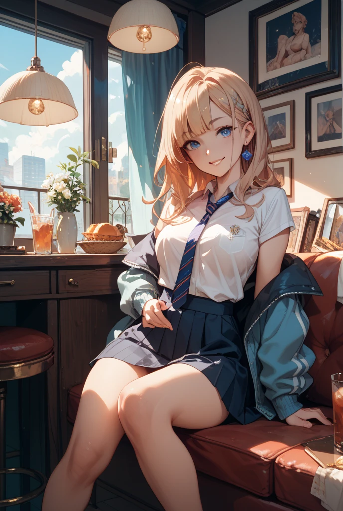 absurderes, ultra-detailliert,bright colour,(in 8K:1.3),masuter piece,extremely beautiful detailed face and eyes, 25 years old,(School Uniforms:1.2), (gals:1.2), (White shirt:1.3), (Wrap a beige cardigan around your waist:1.3), ((cleavage, Unbuttoned):1.2), (Plaid pleated skirt:1.2), (Necklace,Colorful bracelets,(Loose socks:1.4),Double peace,X-Hair,Aurora、city light、constellation、Crescent,intergalactic,lamp post, Particles of light, long-sleeve, milkyway, natta, nigh sky, outside of house, planetes, Power lines, shooting stars, Skysky, Skyscraper, 独奏、Stargazing,Star_\(skyporn\)、starrysky、Winters、(Smooth straight blonde hair:1.3), (Shiny hair:1.2), Delicate beautiful face, red blush、Deep Blue Eyes, (Happy smiling face:1.2),Small necklace,(sitting in the chair),Double Peace Sign,Full body