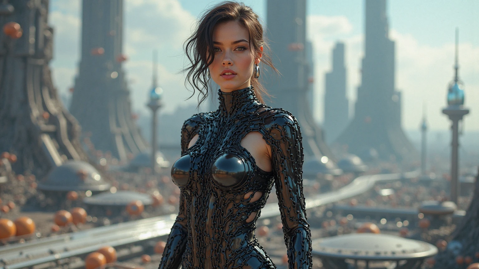 Full body waist up pose of a 25-year-old European girl, RAW, beautiful woman, semi-open strawberry lips, dimples, wistful look, (extra long wavy brown hair), ((detailed face)), ((detailed facial features)), (finely detailed skin), pale skin, (deep neckline detailed high-tech cyberpunk dress), cyberpunk megacity environment, (cool colors), damp, damp, reflections, (masterpiece) (perfect proportion)(realistic photo)(best quality) (detailed) shot on a Canon EOS R5, 50mm lens, F/2.8, HDR, (8k) (wallpaper) (cinematic lighting) (dramatic lighting) (sharp focus) (intricate), RAW photo, RAW photo, gigachad photo, posing for camera, black jeans, back arms, 8k uhd, dslr, high quality, grain film, Fujifilm XT3, film stock photography 4 kodak portra 400 camera f1.6 lens rich colors hyper realistic texture dramatic lighting unrealengine trend in artstation cinestill 800 tungsten, toughboy style, ultra focus face, intimidating, in fighting position, short messy hair, muscular, bursting veins, beaded