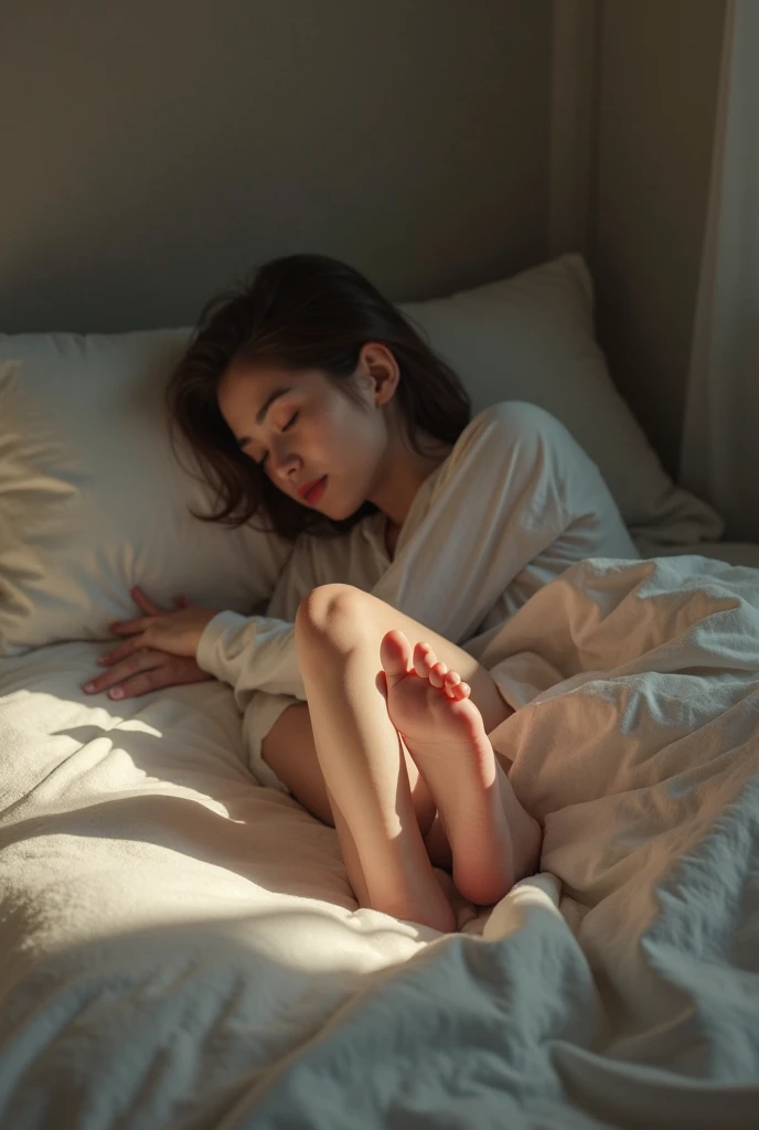 A 20-year-old girl is sleeping face down in bed with a blanket on top of her. Her large feet are sticking out from under the blanket and hanging off the bed. 