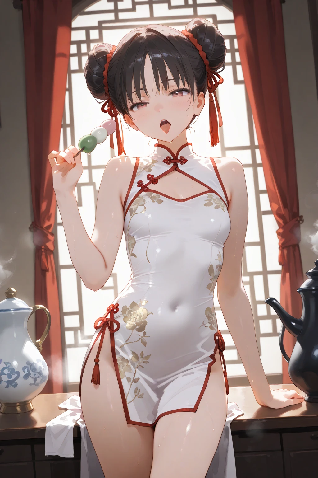 Charming married woman, Smooth skin, sensual lingerie, The flesh-colored suspenders sparkle,  and  pose, busty figure, fleshy feeling, Sweat profusely, Messy head with short hair, Colored expressions, Revealing a heart-pounding blush, Hair gradients, High-resolution fine textures, Depth of field effect, Brilliant lighting effects, lightand shade contrast, Ray tracing and flare effects, Shot with a Sony FE camera, Best texture, Genre painting